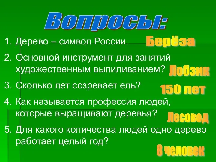 Вопросы: Дерево – символ России. Основной инструмент для занятий художественным выпиливанием?