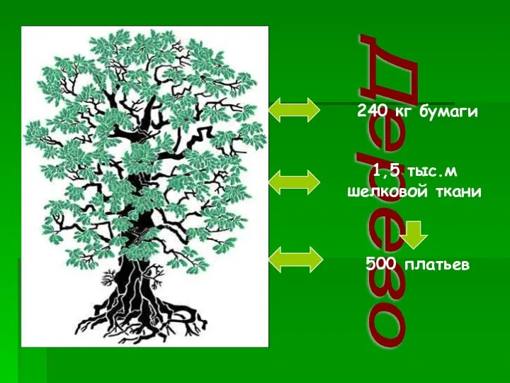 Дерево 240 кг бумаги 1,5 тыс.м шелковой ткани 500 платьев