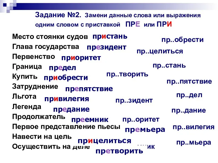 Задание №2. Замени данные слова или выражения одним словом с приставкой