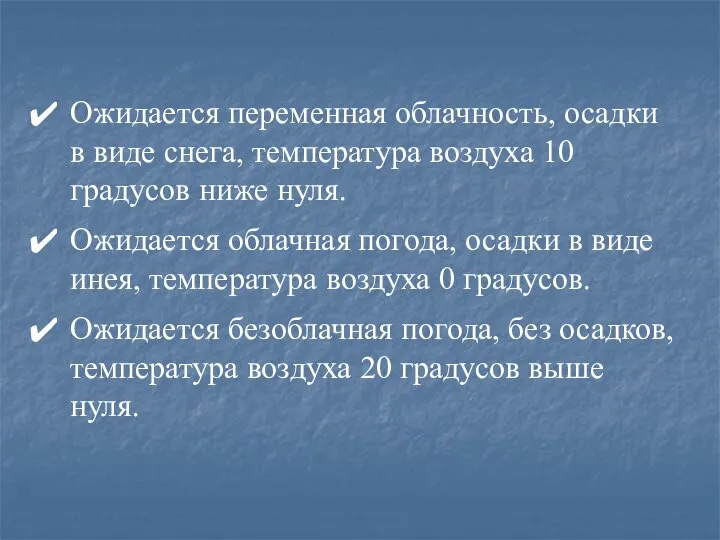 Ожидается переменная облачность, осадки в виде снега, температура воздуха 10 градусов