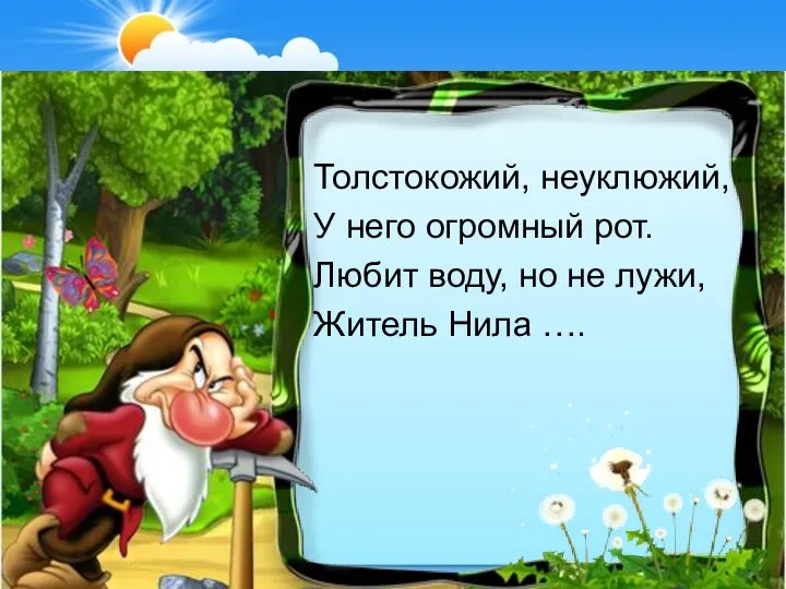 Толстокожий, неуклюжий, У него огромный рот. Любит воду, но не лужи, Житель Нила ….