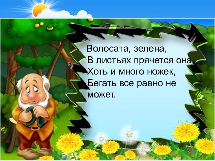 Волосата, зелена, В листьях прячется она. Хоть и много ножек, Бегать все равно не может.