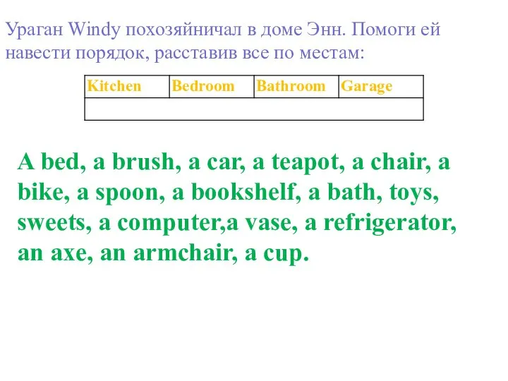 Ураган Windy похозяйничал в доме Энн. Помоги ей навести порядок, расставив