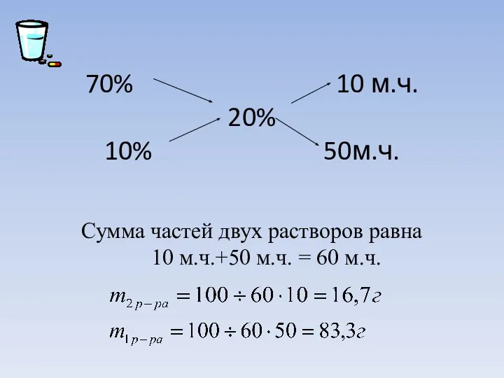 70% 10 м.ч. 20% 10% 50м.ч. Сумма частей двух растворов равна