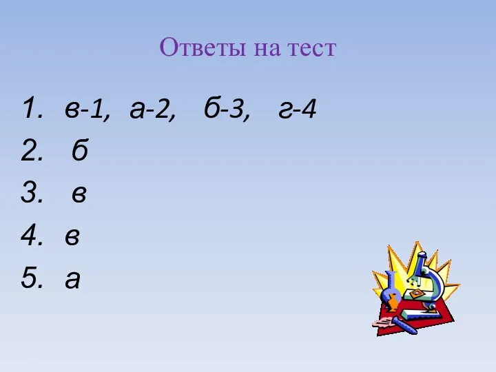 Ответы на тест в-1, а-2, б-3, г-4 б в в а
