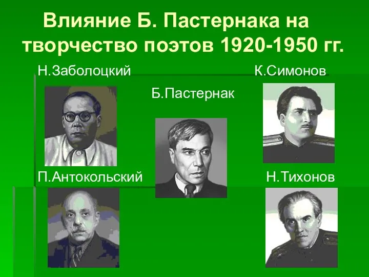 Влияние Б. Пастернака на творчество поэтов 1920-1950 гг. Н.Заболоцкий К.Симонов Б.Пастернак П.Антокольский Н.Тихонов