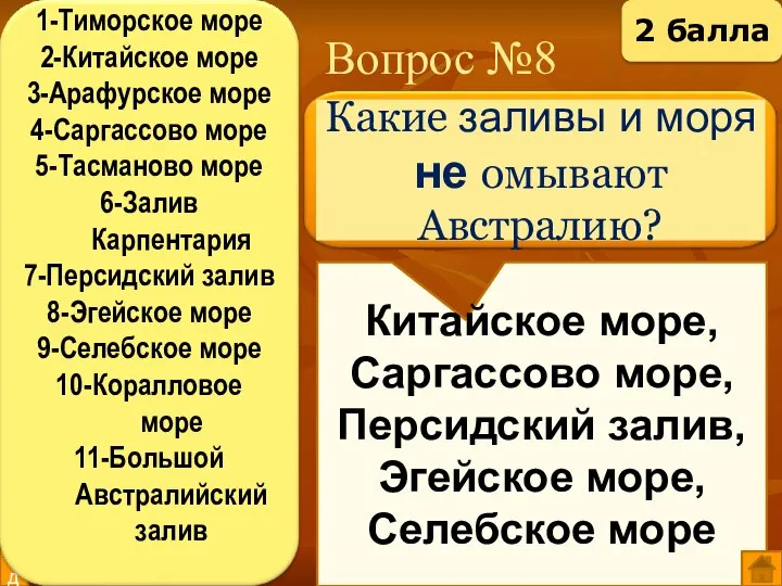 Вопрос №8 Китайское море, Саргассово море, Персидский залив, Эгейское море, Селебское море выход 2 балла