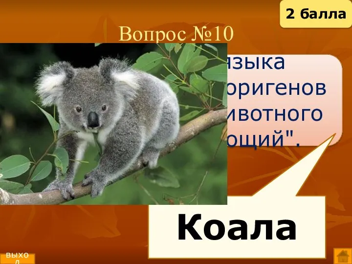 Вопрос №10 В переводе с языка австралийских аборигенов название этого животного