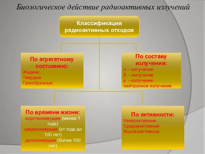 Биологическое действие радиоактивных излучений Классификация радиоактивных отходов По агрегатному состоянию: Жидкие