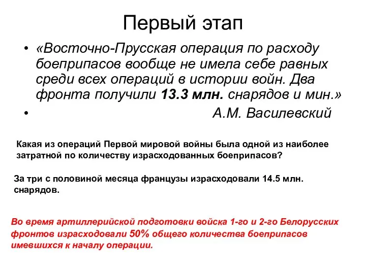 Первый этап «Восточно-Прусская операция по расходу боеприпасов вообще не имела себе