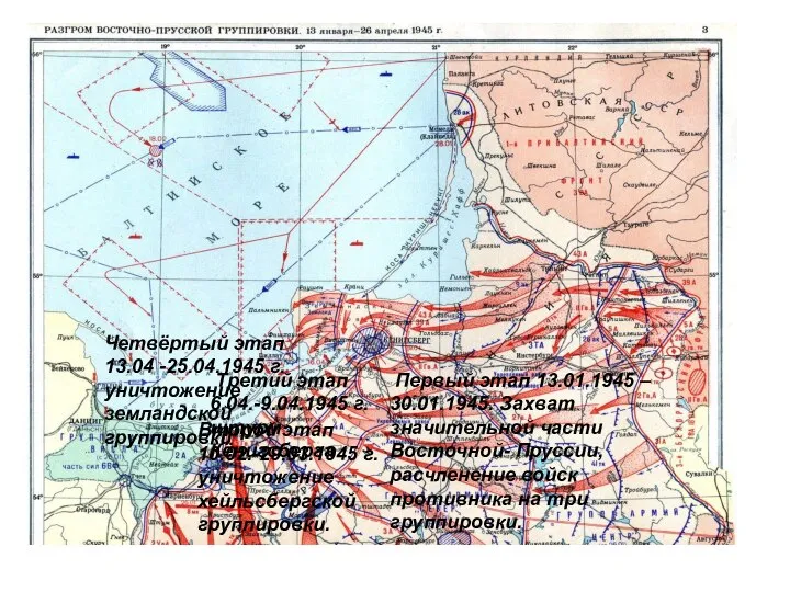 Первый этап 13.01.1945 – 30.01.1945. Захват значительной части Восточной- Пруссии, расчленение