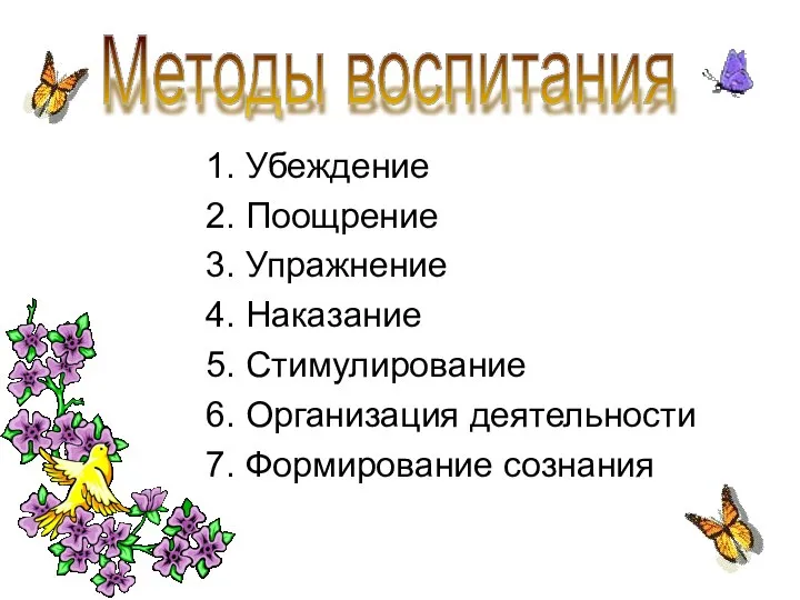 1. Убеждение 2. Поощрение 3. Упражнение 4. Наказание 5. Стимулирование 6.