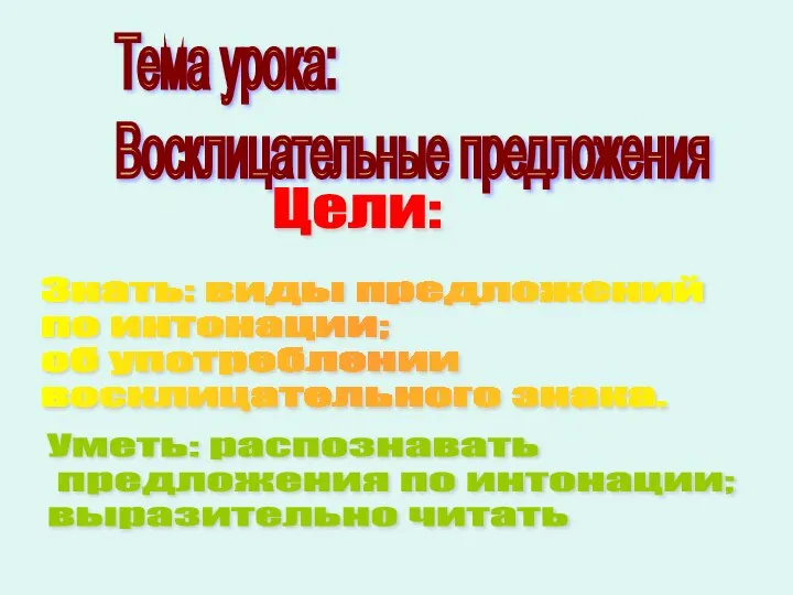 Тема урока: Восклицательные предложения Цели: Знать: виды предложений по интонации; об