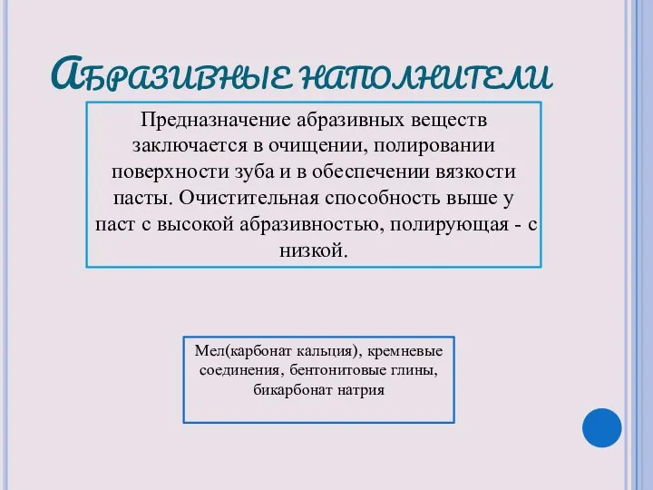 Абразивные наполнители Предназначение абразивных веществ заключается в очищении, полировании поверхности зуба