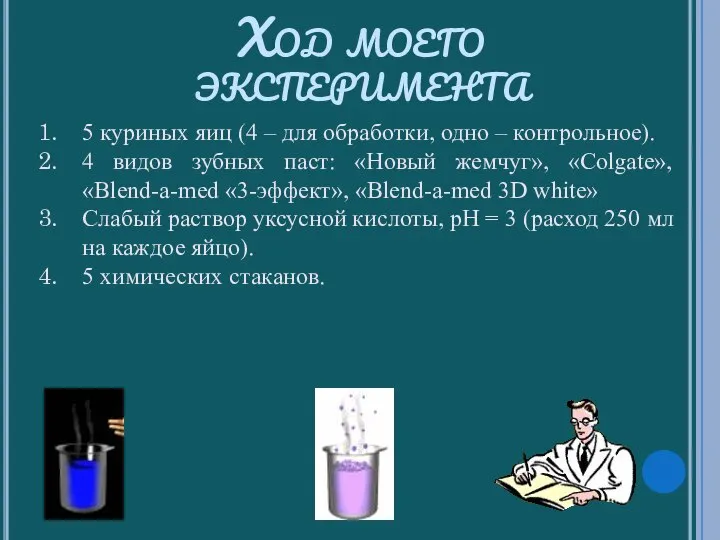 Ход моего эксперимента 5 куриных яиц (4 – для обработки, одно