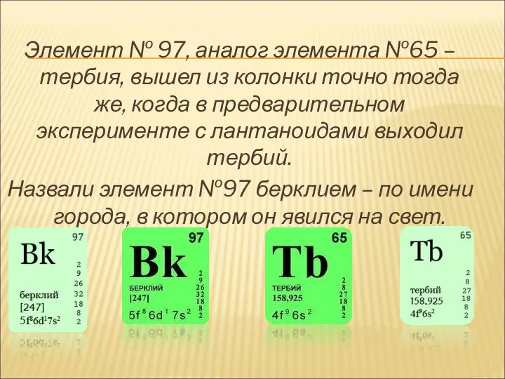 Элемент № 97, аналог элемента №65 – тербия, вышел из колонки