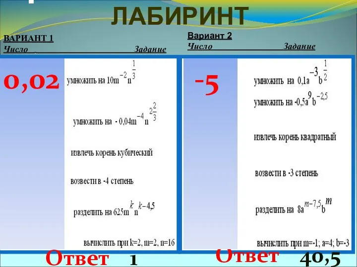 ЛАБИРИНТ ВАРИАНТ 1 Число Задание Вариант 2 Число Задание Ответ 1 Ответ 40,5 0,02 -5