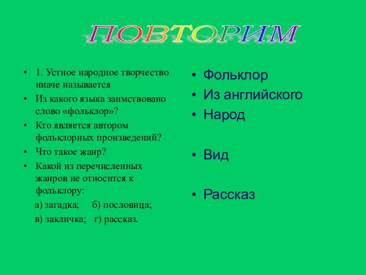 1. Устное народное творчество иначе называется Из какого языка заимствовано слово