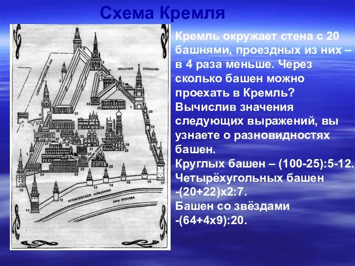 Кремль окружает стена с 20 башнями, проездных из них – в