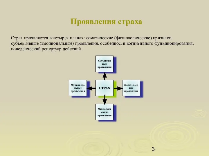 Проявления страха Страх проявляется в четырех планах: соматические (физиологические) признаки, субъективные