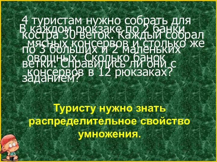 Туристу нужно знать распределительное свойство умножения. 4 туристам нужно собрать для