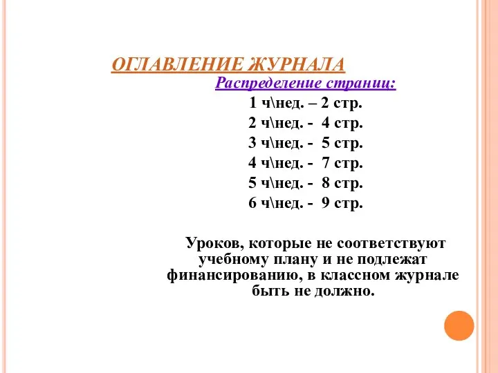 ОГЛАВЛЕНИЕ ЖУРНАЛА Распределение страниц: 1 ч\нед. – 2 стр. 2 ч\нед.