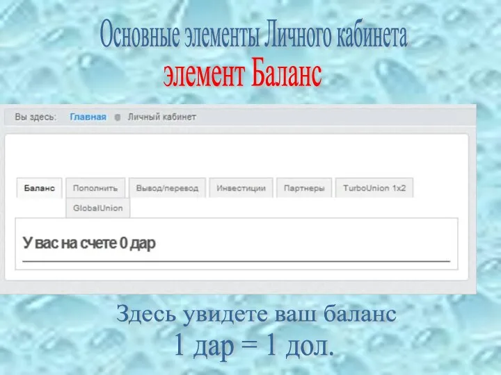 Здесь увидете ваш баланс 1 дар = 1 дол. Основные элементы Личного кабинета элемент Баланс