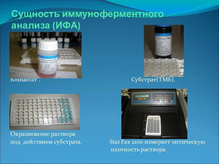 Сущность иммуноферментного анализа (ИФА) Коньюгат . Субстрат(ТМБ). Окрашивание раствора под действием