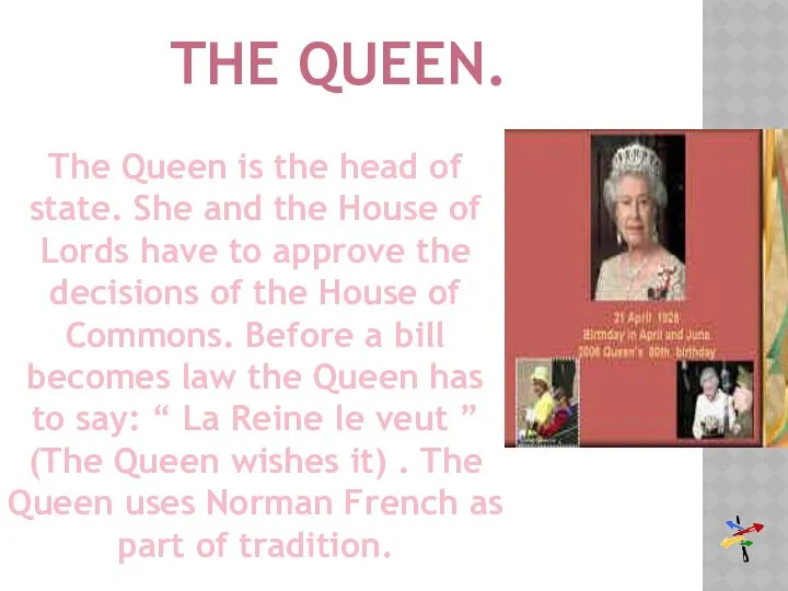 The Queen is the head of state. She and the House