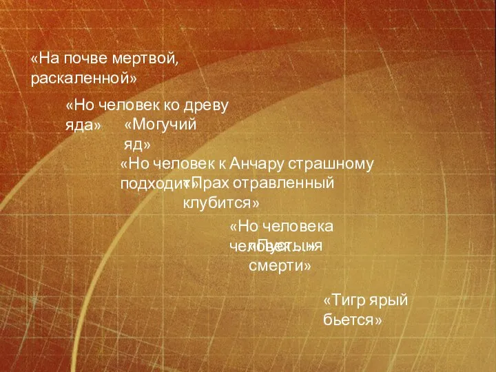 «На почве мертвой, раскаленной» «Могучий яд» «Прах отравленный клубится» «Пустыня смерти»