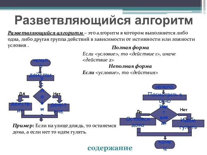 Разветвляющийся алгоритм – это алгоритм в котором выполняется либо одна, либо