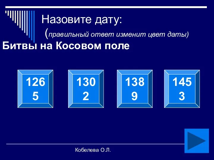 Кобелева О.Л. Назовите дату: (правильный ответ изменит цвет даты) Битвы на