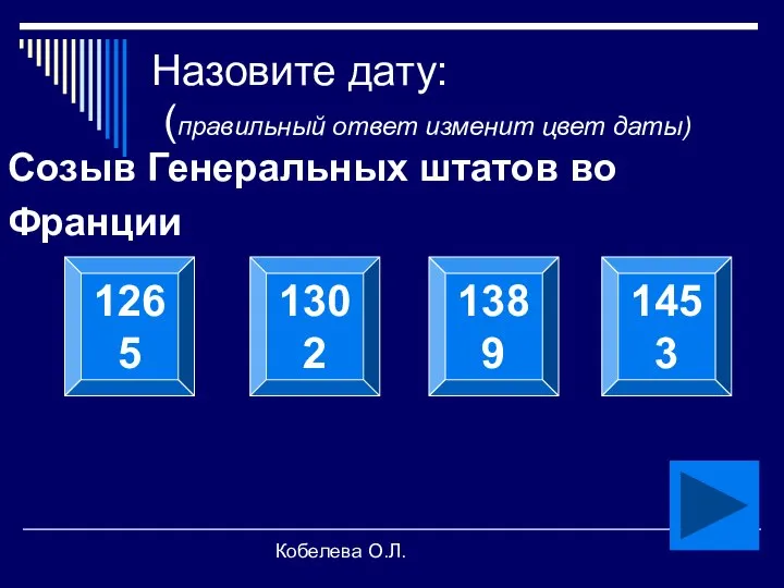 Кобелева О.Л. Назовите дату: (правильный ответ изменит цвет даты) Созыв Генеральных