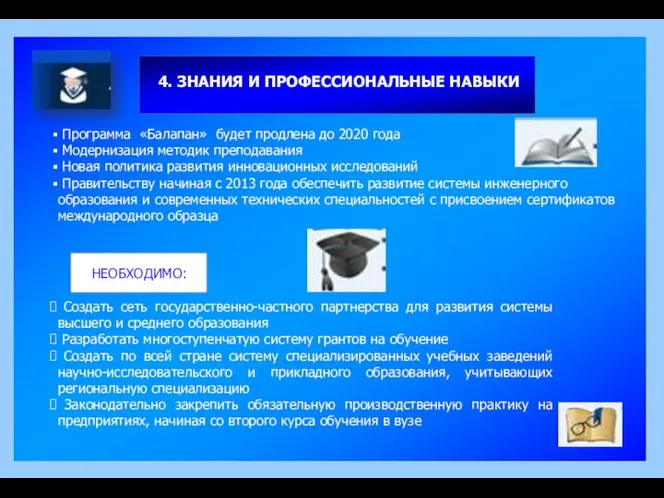 4. ЗНАНИЯ И ПРОФЕССИОНАЛЬНЫЕ НАВЫКИ Программа «Балапан» будет продлена до 2020