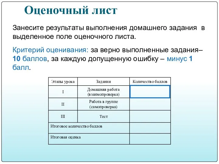 Оценочный лист Занесите результаты выполнения домашнего задания в выделенное поле оценочного