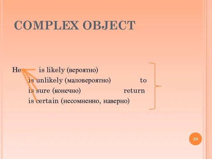 COMPLEX OBJECT He is likely (вероятно) is unlikely (маловероятно) to is