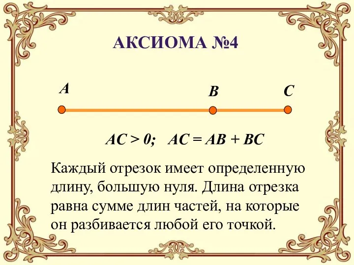 Каждый отрезок имеет определенную длину, большую нуля. Длина отрезка равна сумме