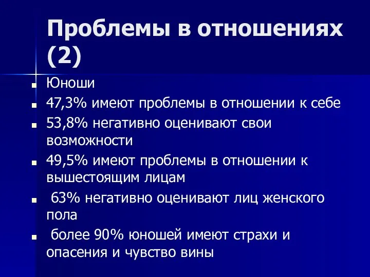 Проблемы в отношениях (2) Юноши 47,3% имеют проблемы в отношении к