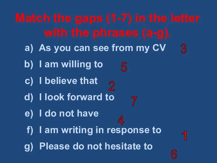 Match the gaps (1-7) in the letter with the phrases (a-g).