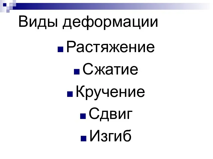 Виды деформации Растяжение Сжатие Кручение Сдвиг Изгиб