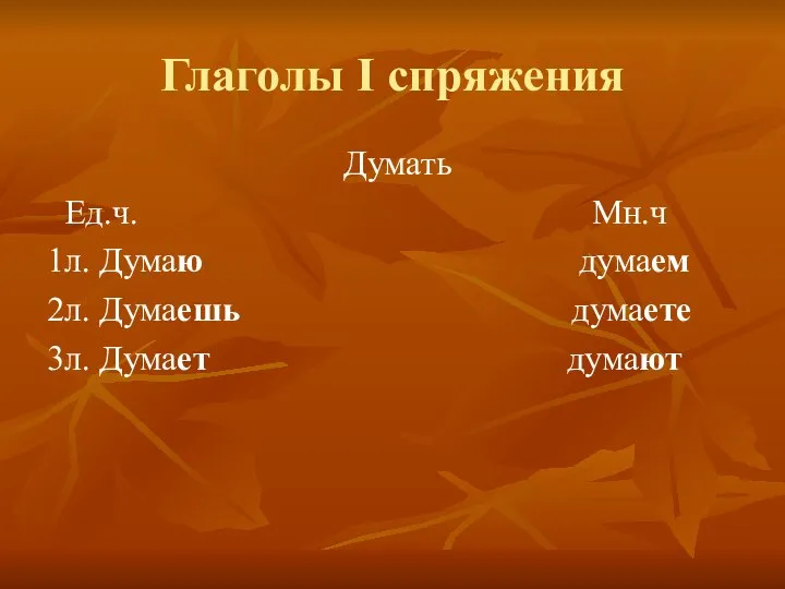 Глаголы I спряжения Думать Ед.ч. Мн.ч 1л. Думаю думаем 2л. Думаешь думаете 3л. Думает думают