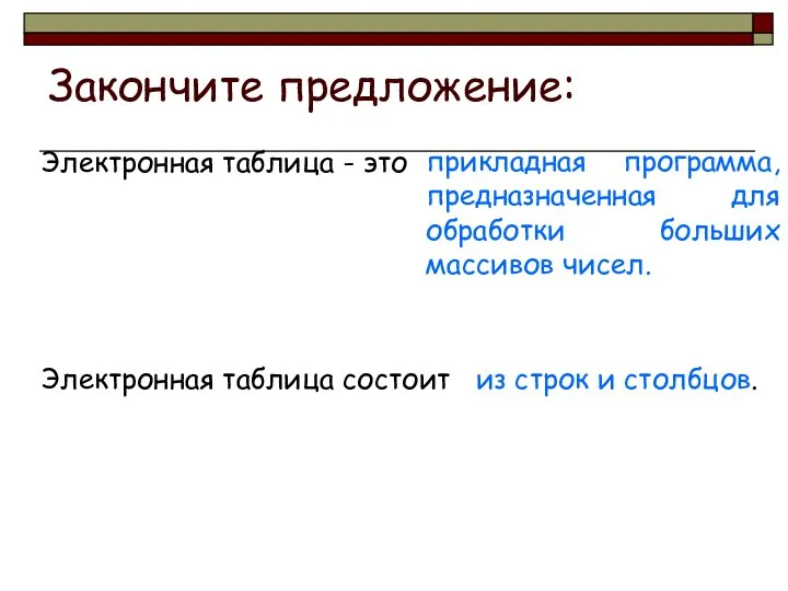 Закончите предложение: Электронная таблица - это прикладная программа, предназначенная для обработки