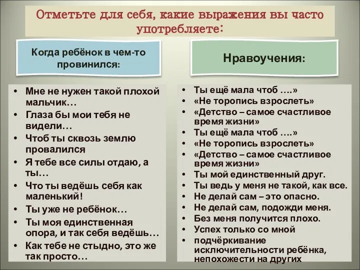 Когда ребёнок в чем-то провинился: Отметьте для себя, какие выражения вы