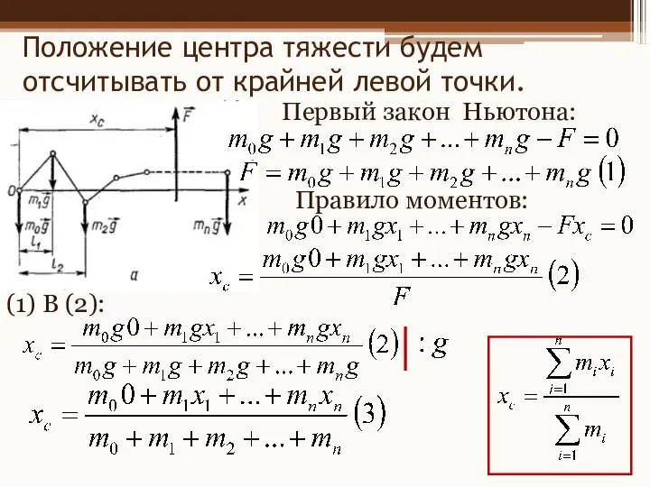 Положение центра тяжести будем отсчитывать от крайней левой точки. Первый закон