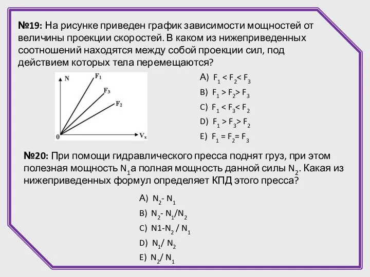 №19: На рисунке приведен график зависимости мощностей от величины проекции скоростей.