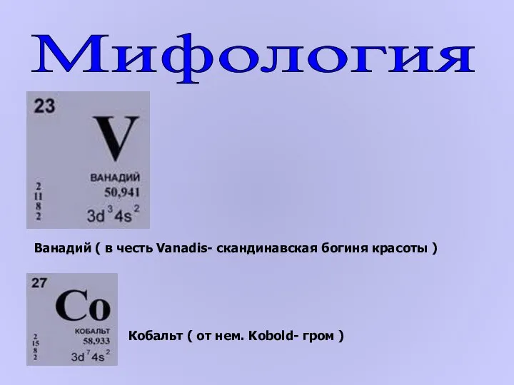 Мифология Ванадий ( в честь Vanadis- скандинавская богиня красоты ) Кобальт