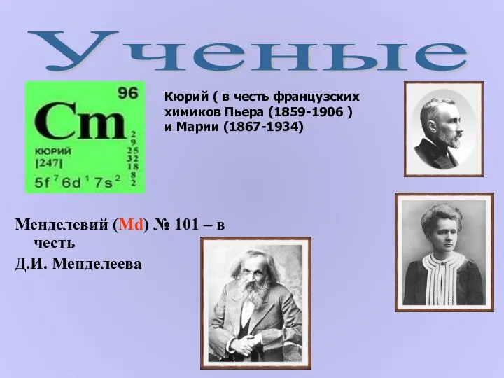 Менделевий (Md) № 101 – в честь Д.И. Менделеева Ученые Кюрий