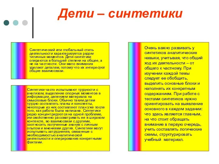 Дети – синтетики Синтетический или глобальный стиль деятельности характеризуется рядом типичных