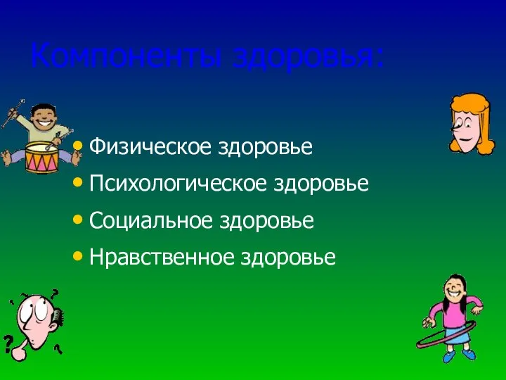 Компоненты здоровья: Физическое здоровье Психологическое здоровье Социальное здоровье Нравственное здоровье