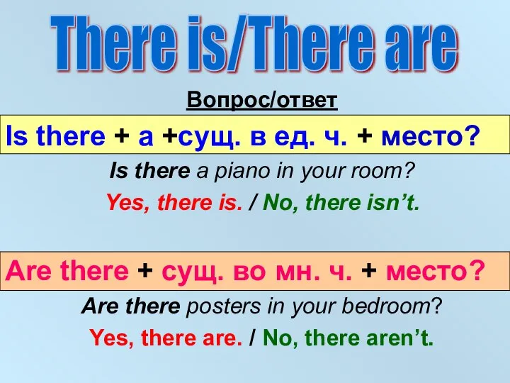 There is/There are Вопрос/ответ Is there + a +сущ. в ед.